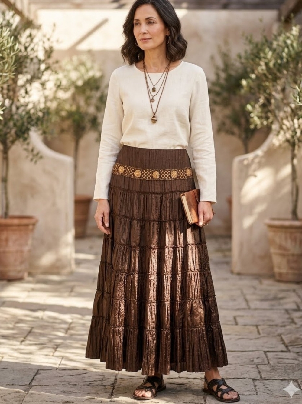Tiered Crinkle Maxi Skirt in Chocolate Brown